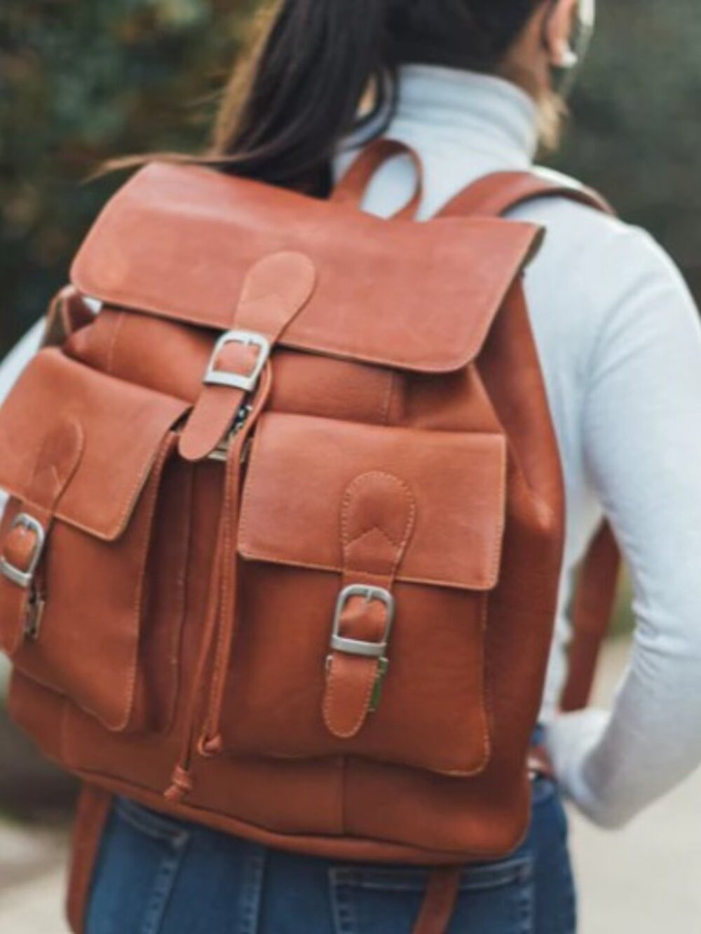 Piel Leather Backpack Large Brown Cognac Flap Buckle Unisex Work Travel Bag